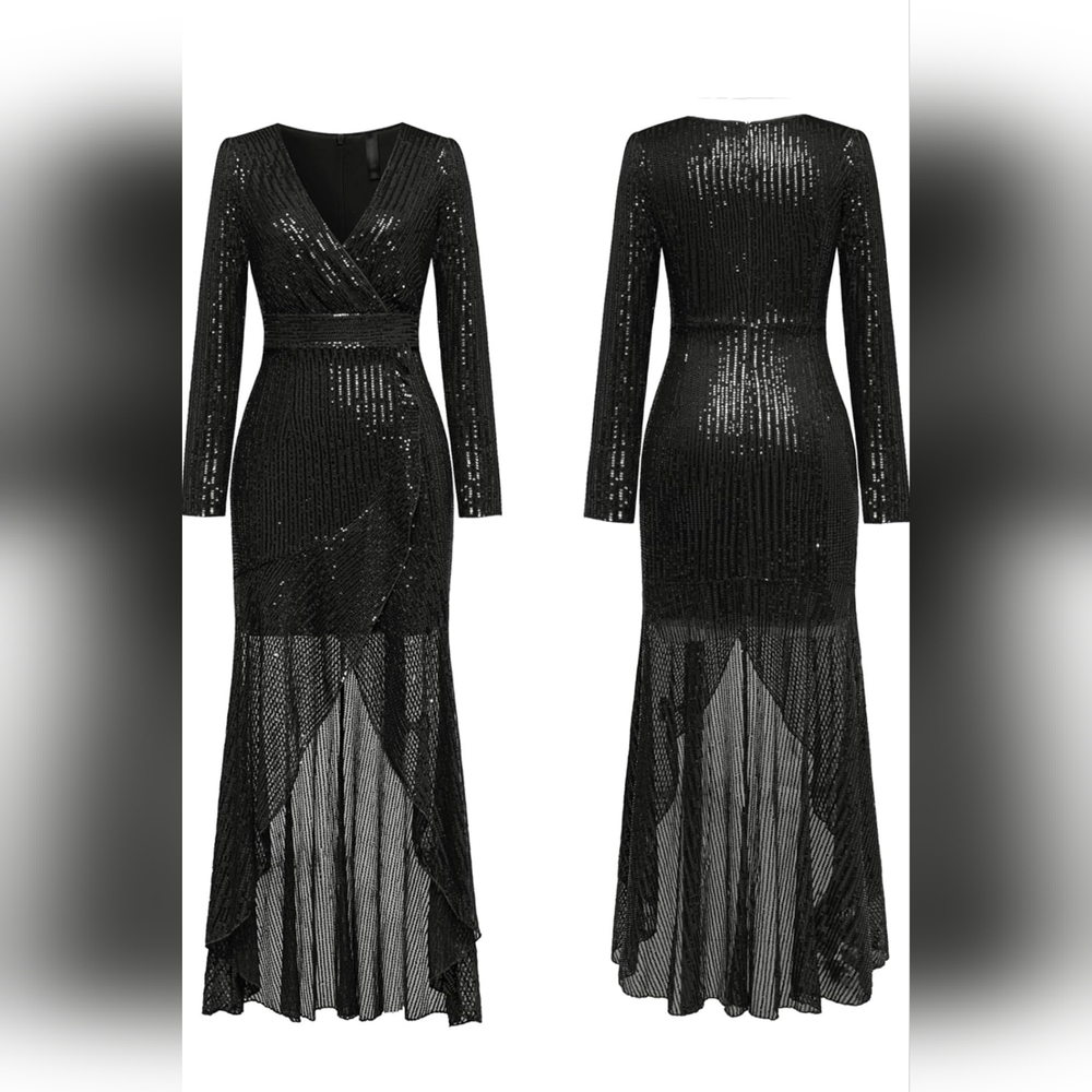 NWT Cooan Black Sequin Long Formal Gown Long Sleeve Size L - Picture 4 of 7